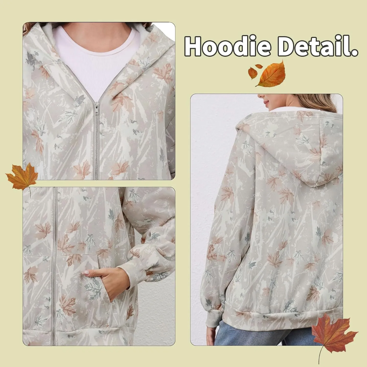 Womens Camo Zip Up Hoodie Long Sleeve Maple Leaf Print Oversized Hooded Jacket Fleece Full Zip Sweatshirt with Pockets