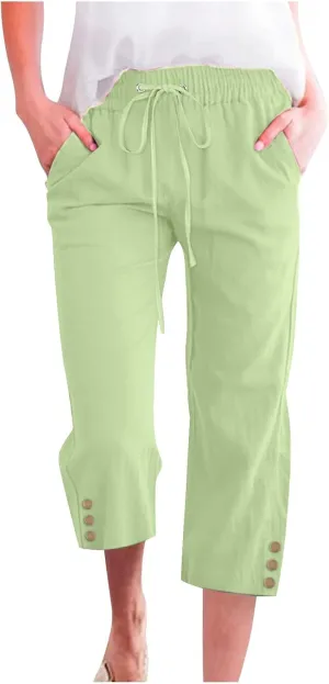 Womens Capri Pants Summer Trendy Casual Cropped Trouser with Pockets Elastic Waist Straight Wide Leg with Buttons
