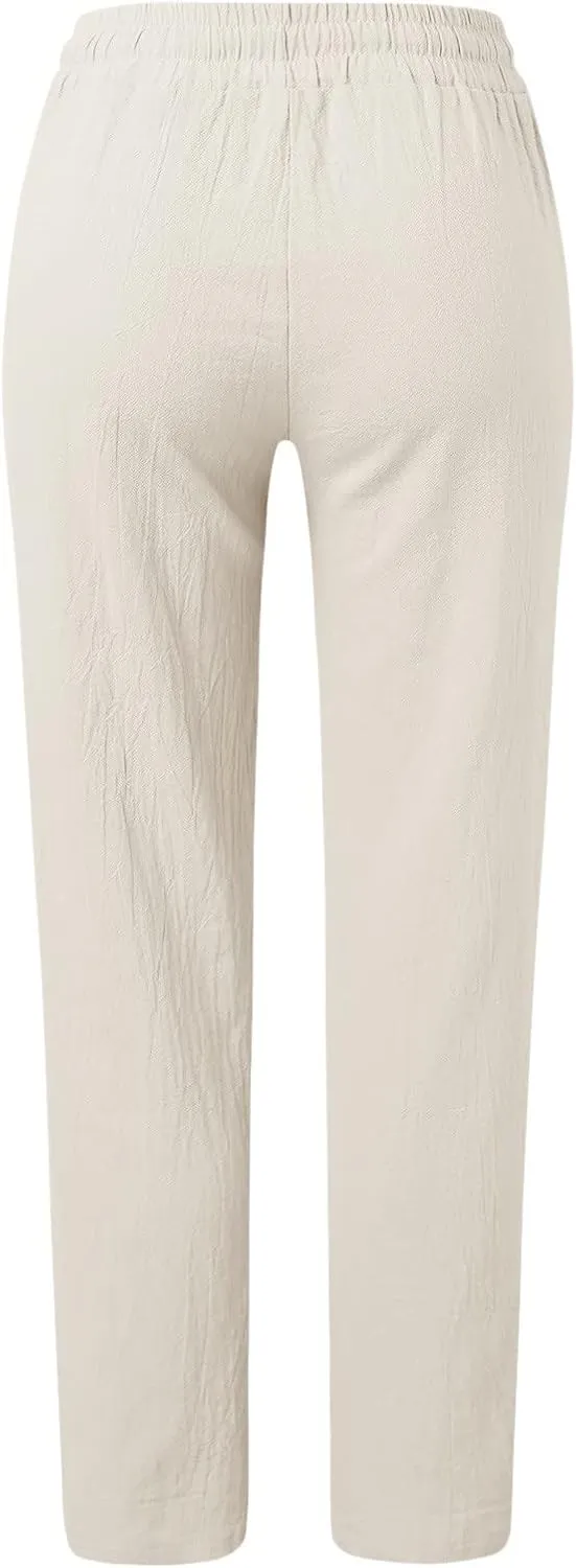 Women's Casual Cotton Linen Pants Summer Relax Fit Elastic Waist Straight Leg Comfy Solid Color Lounge Long Trouser
