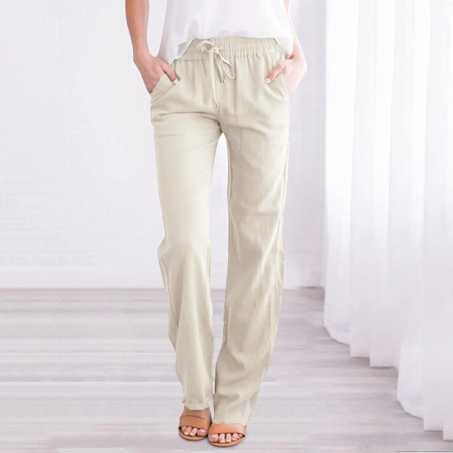 Women's Casual Cotton Linen Pants Summer Relax Fit Elastic Waist Straight Leg Comfy Solid Color Lounge Long Trouser