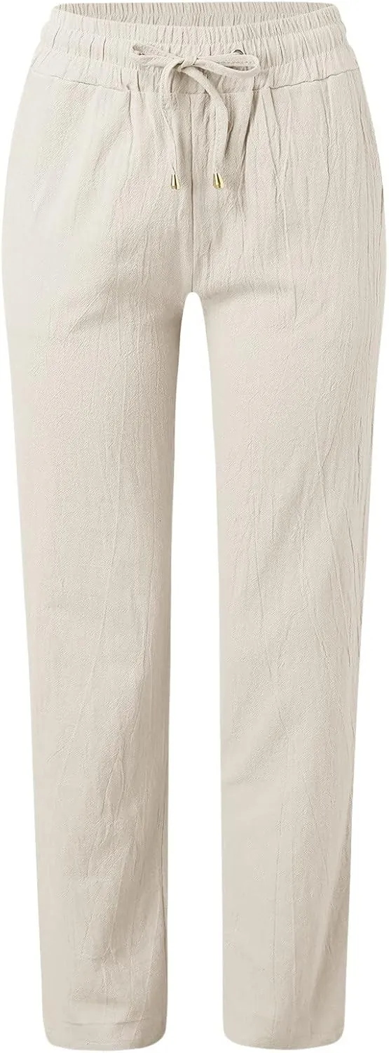 Women's Casual Cotton Linen Pants Summer Relax Fit Elastic Waist Straight Leg Comfy Solid Color Lounge Long Trouser