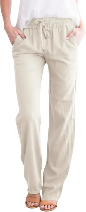 Women's Casual Cotton Linen Pants Summer Relax Fit Elastic Waist Straight Leg Comfy Solid Color Lounge Long Trouser