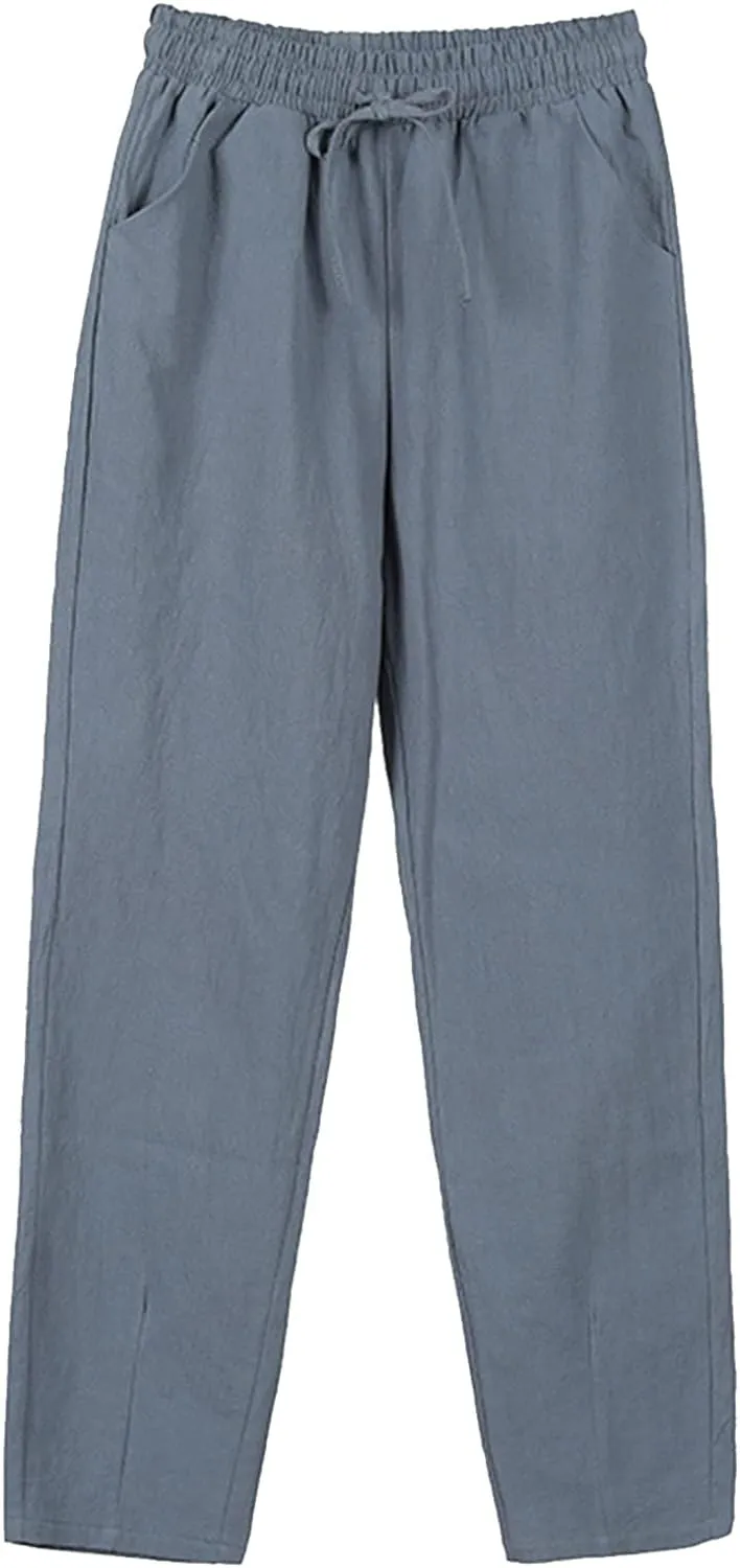 Womens Casual Linen Pants Summer Boho Flowy Pants with Pockets Elastic High Waisted Yoga Pants Lightweight Lounge Trousers