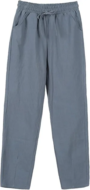 Womens Casual Linen Pants Summer Boho Flowy Pants with Pockets Elastic High Waisted Yoga Pants Lightweight Lounge Trousers
