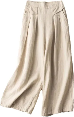 Women's Casual Wide Leg Pants  Summer Solid Color Loose Fit Cotton Linen Trousers Beach Travel Vacation Wear