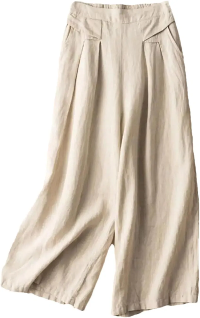 Women's Casual Wide Leg Pants  Summer Solid Color Loose Fit Cotton Linen Trousers Beach Travel Vacation Wear