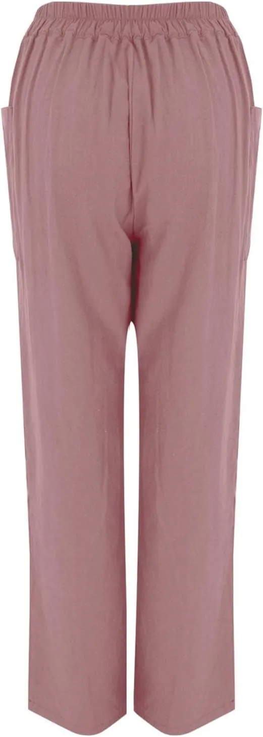 Womens Casual Work Pants with Pockets Elastic High Waist Paper Bag Trousers with Breasted Cotton Loose Wide Leg Walking Pants