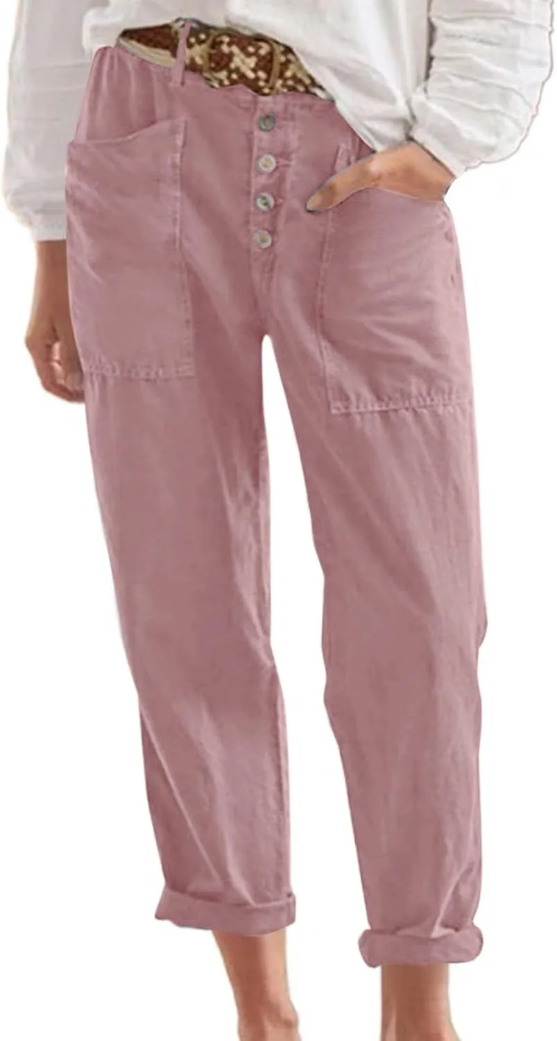 Womens Casual Work Pants with Pockets Elastic High Waist Paper Bag Trousers with Breasted Cotton Loose Wide Leg Walking Pants