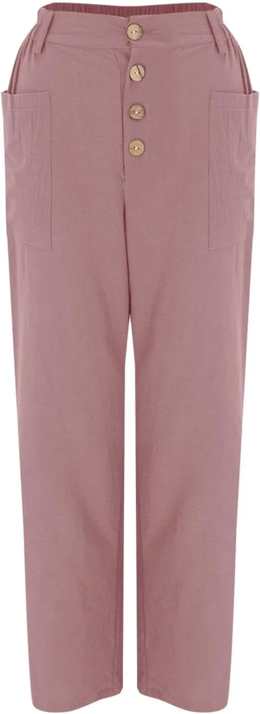 Womens Casual Work Pants with Pockets Elastic High Waist Paper Bag Trousers with Breasted Cotton Loose Wide Leg Walking Pants