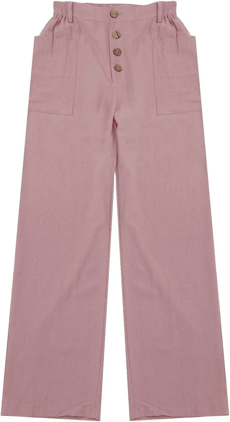 Womens Casual Work Pants with Pockets Elastic High Waist Paper Bag Trousers with Breasted Cotton Loose Wide Leg Walking Pants