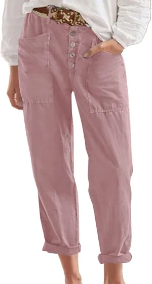 Womens Casual Work Pants with Pockets Elastic High Waist Paper Bag Trousers with Breasted Cotton Loose Wide Leg Walking Pants