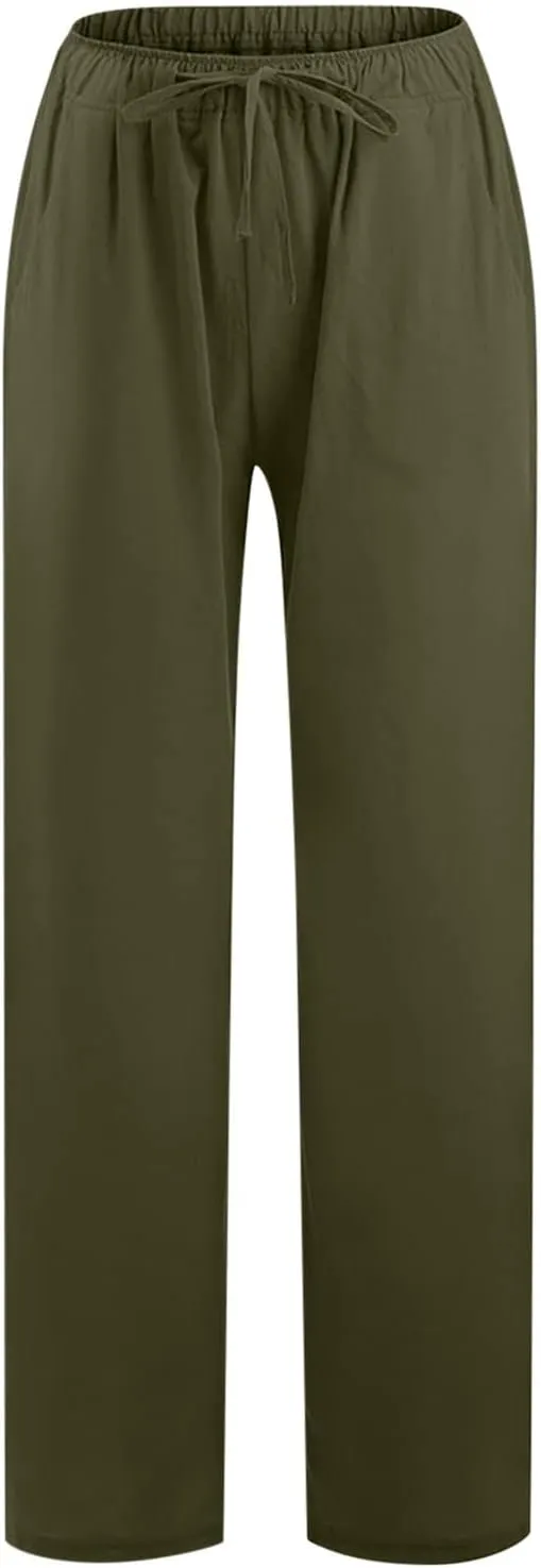 Women's Cotton Linen Palazzo Pants Drawstring Wide Leg Trousers High Waist Lightweight Pant Beach Vacation Clothes