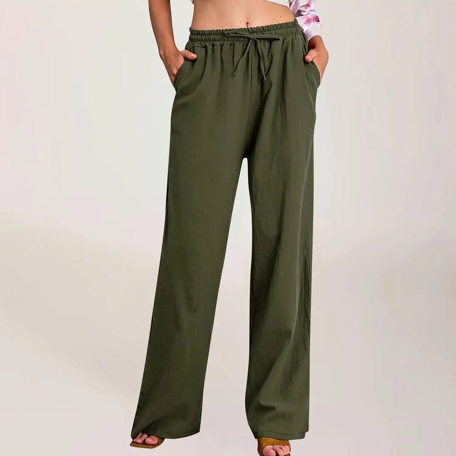 Women's Cotton Linen Palazzo Pants Drawstring Wide Leg Trousers High Waist Lightweight Pant Beach Vacation Clothes