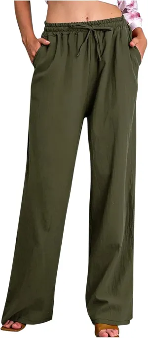 Women's Cotton Linen Palazzo Pants Drawstring Wide Leg Trousers High Waist Lightweight Pant Beach Vacation Clothes