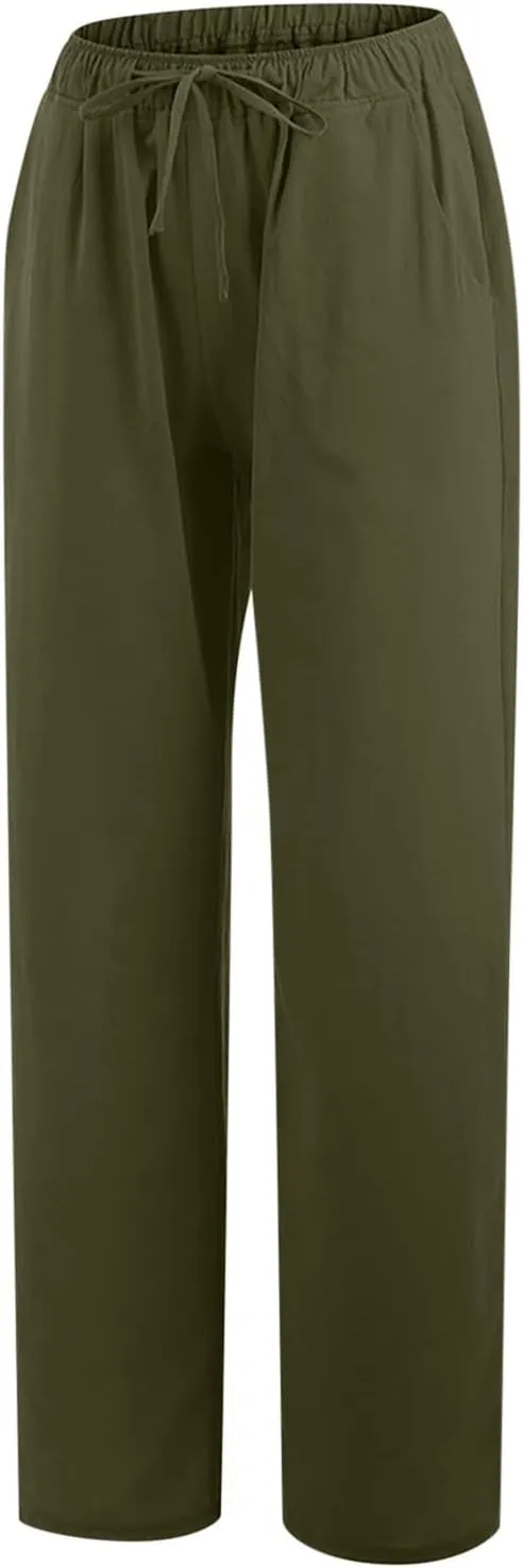 Women's Cotton Linen Palazzo Pants Drawstring Wide Leg Trousers High Waist Lightweight Pant Beach Vacation Clothes