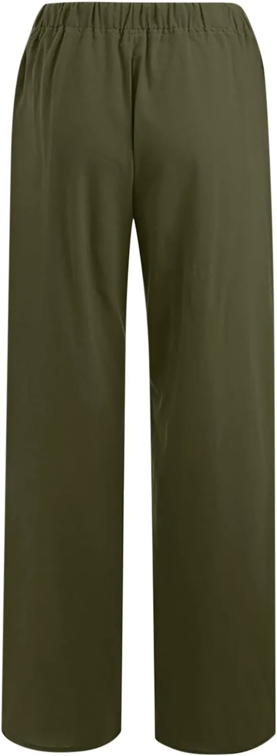 Women's Cotton Linen Palazzo Pants Drawstring Wide Leg Trousers High Waist Lightweight Pant Beach Vacation Clothes