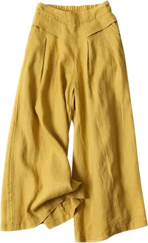 Women's Cotton Linen Palazzo Trousers Elastic Waist Wide Leg Capri Pants Summer Trendy Vacation Breathable Flowy Pant