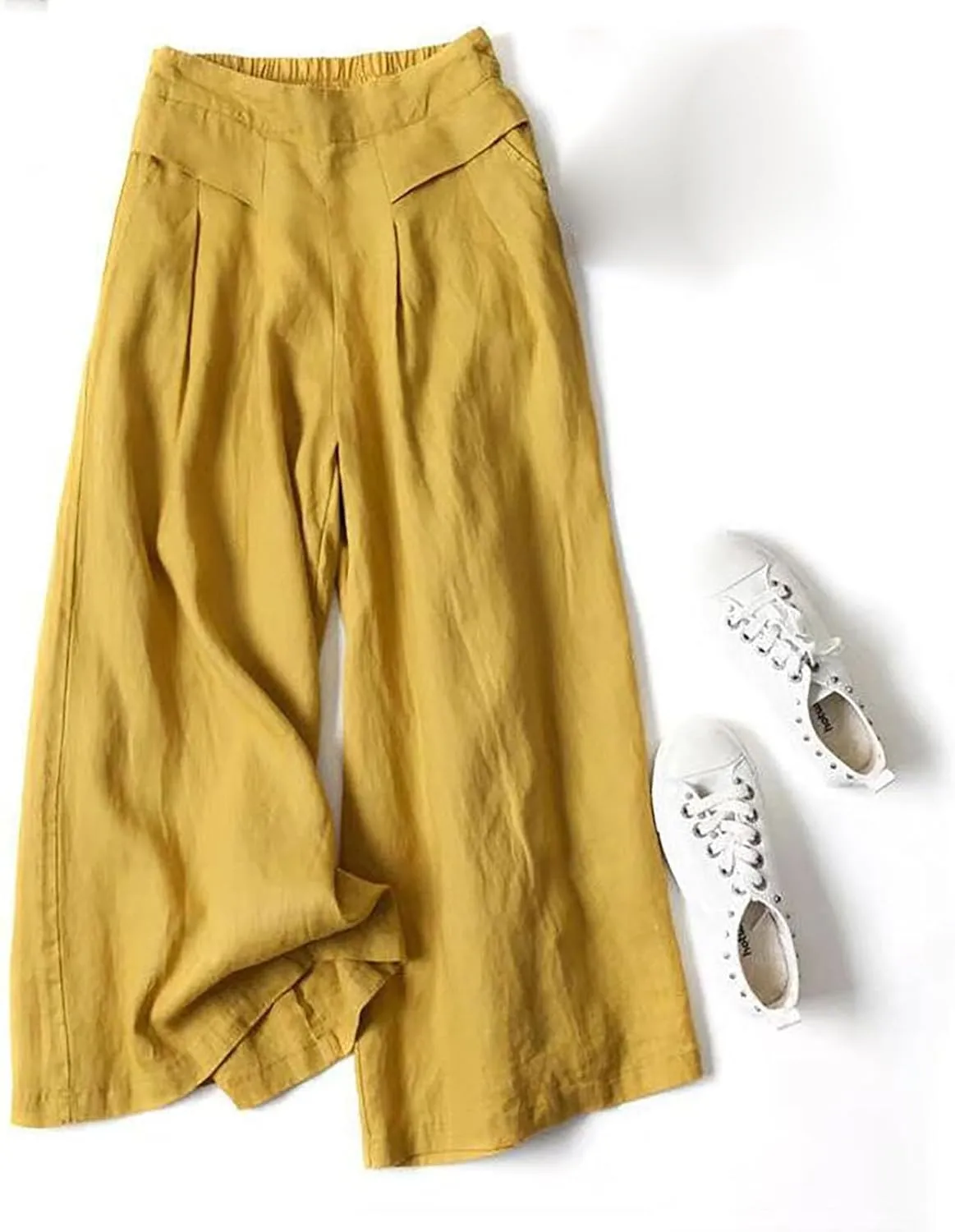 Women's Cotton Linen Palazzo Trousers Elastic Waist Wide Leg Capri Pants Summer Trendy Vacation Breathable Flowy Pant