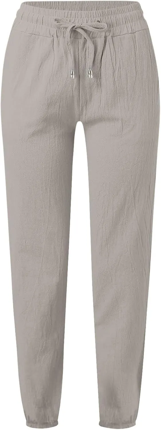 Women's Cotton Linen Pants High Waist Drawstring Elastic Pant Casual Slim Trousers with Pockets Summer Sweatpants