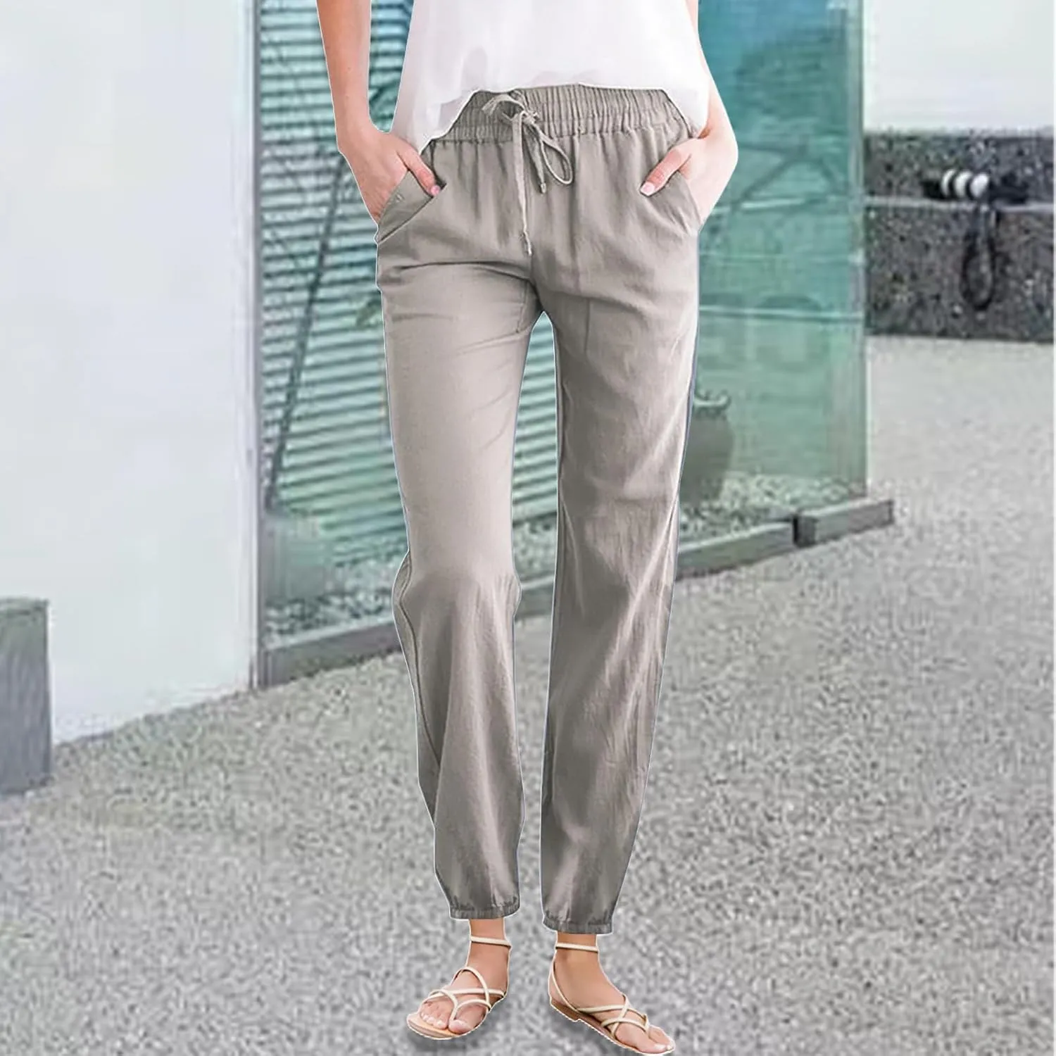 Women's Cotton Linen Pants High Waist Drawstring Elastic Pant Casual Slim Trousers with Pockets Summer Sweatpants