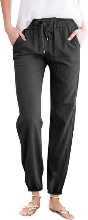 Women's Cotton Linen Pants High Waist Drawstring Elastic Pant Casual Slim Trousers with Pockets Summer Sweatpants