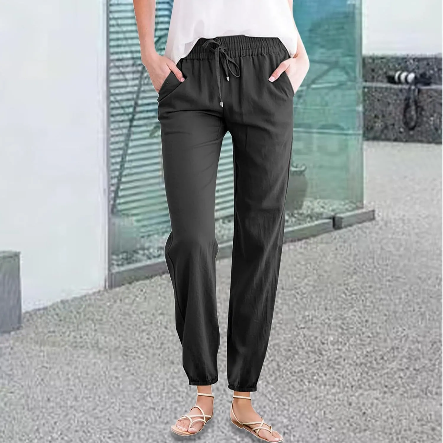 Women's Cotton Linen Pants High Waist Drawstring Elastic Pant Casual Slim Trousers with Pockets Summer Sweatpants