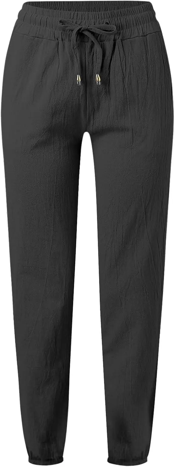 Women's Cotton Linen Pants High Waist Drawstring Elastic Pant Casual Slim Trousers with Pockets Summer Sweatpants