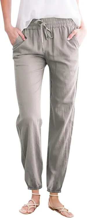 Women's Cotton Linen Pants High Waist Drawstring Elastic Pant Casual Slim Trousers with Pockets Summer Sweatpants