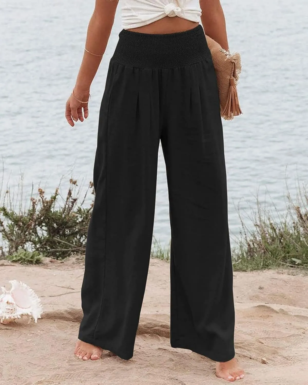 Women's Cotton Linen Pants Summer Casual Loose Trousers for Women High Waist Wide Leg Pants with Pockets Resort Wear