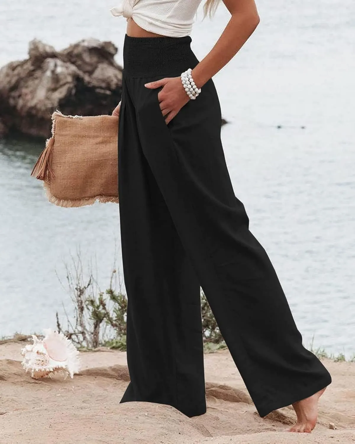 Women's Cotton Linen Pants Summer Casual Loose Trousers for Women High Waist Wide Leg Pants with Pockets Resort Wear