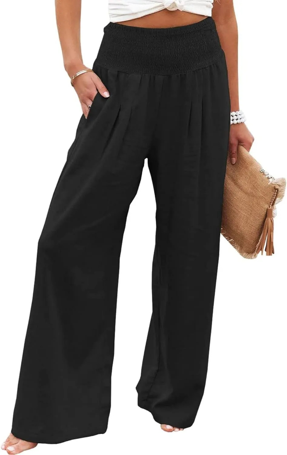 Women's Cotton Linen Pants Summer Casual Loose Trousers for Women High Waist Wide Leg Pants with Pockets Resort Wear