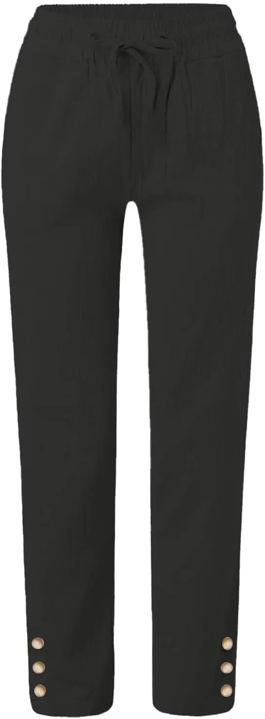 Womens Cotton Linen Pants Summer Casual Loose Trousers with Pockets Drawstring Button Wide Leg Pants for Women