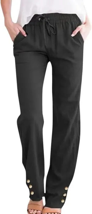 Womens Cotton Linen Pants Summer Casual Loose Trousers with Pockets Drawstring Button Wide Leg Pants for Women