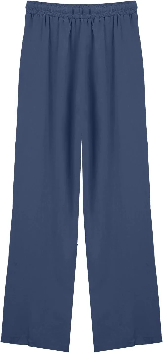 Womens Cotton Linen Pants,Summer Casual Loose Drawstring High Waist Lounge Palazzo Pants Beach Trousers with Pockets
