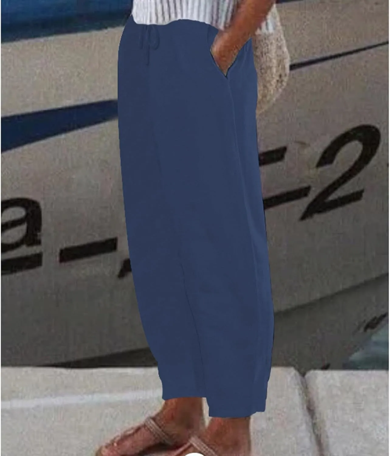 Womens Cotton Linen Pants,Summer Casual Loose Drawstring High Waist Lounge Palazzo Pants Beach Trousers with Pockets