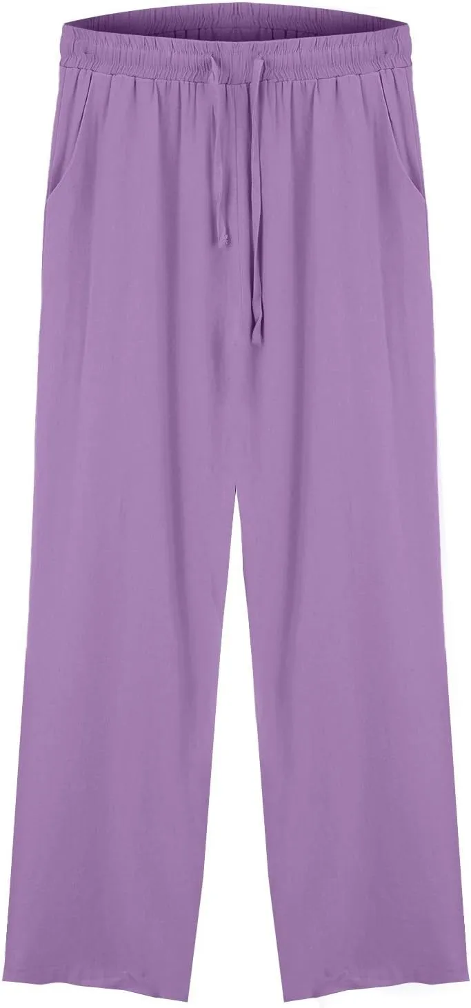 Womens Cotton Linen Pants,Summer Casual Loose Drawstring High Waist Lounge Palazzo Pants Beach Trousers with Pockets