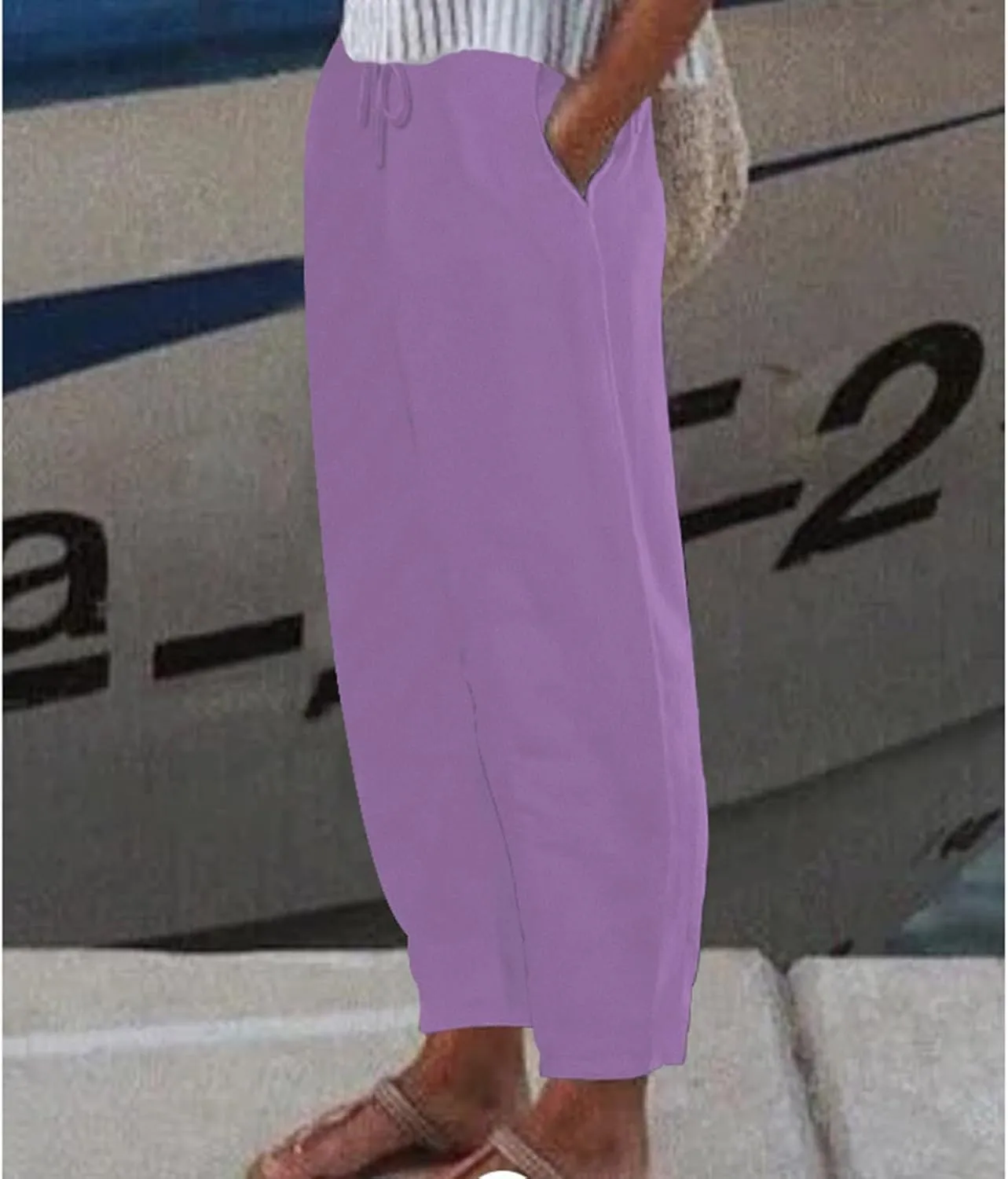 Womens Cotton Linen Pants,Summer Casual Loose Drawstring High Waist Lounge Palazzo Pants Beach Trousers with Pockets