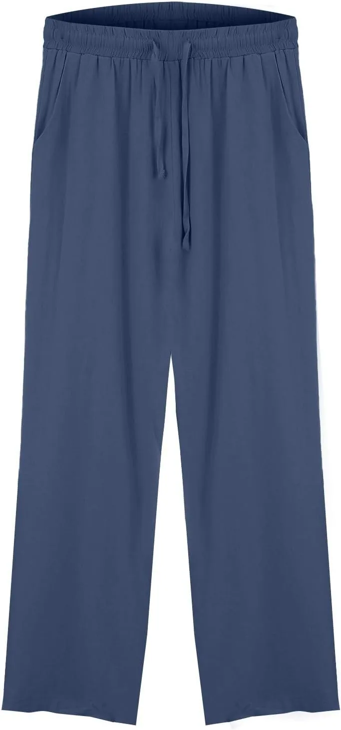 Womens Cotton Linen Pants,Summer Casual Loose Drawstring High Waist Lounge Palazzo Pants Beach Trousers with Pockets