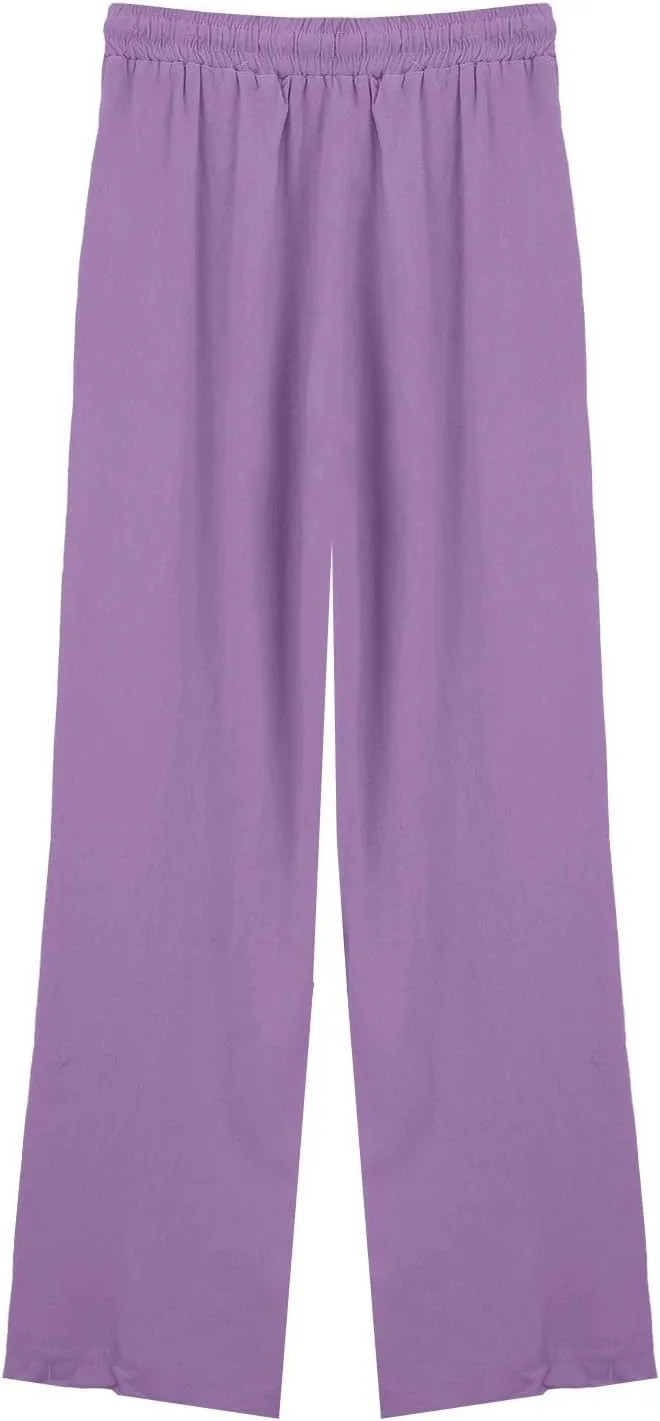 Womens Cotton Linen Pants,Summer Casual Loose Drawstring High Waist Lounge Palazzo Pants Beach Trousers with Pockets