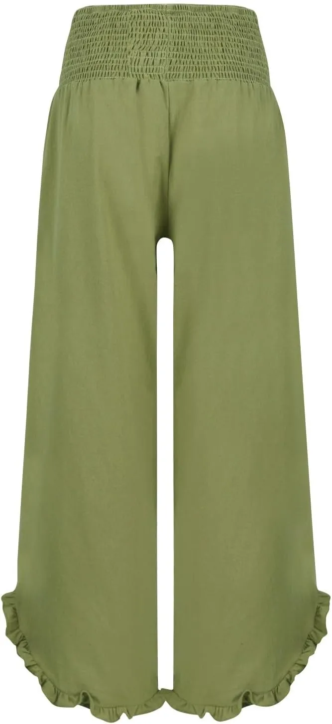 Women's Cotton Linen Pants,Summer Wide Leg Casual Elastic Drawstring High Waist Palazzo Pants with Pockets