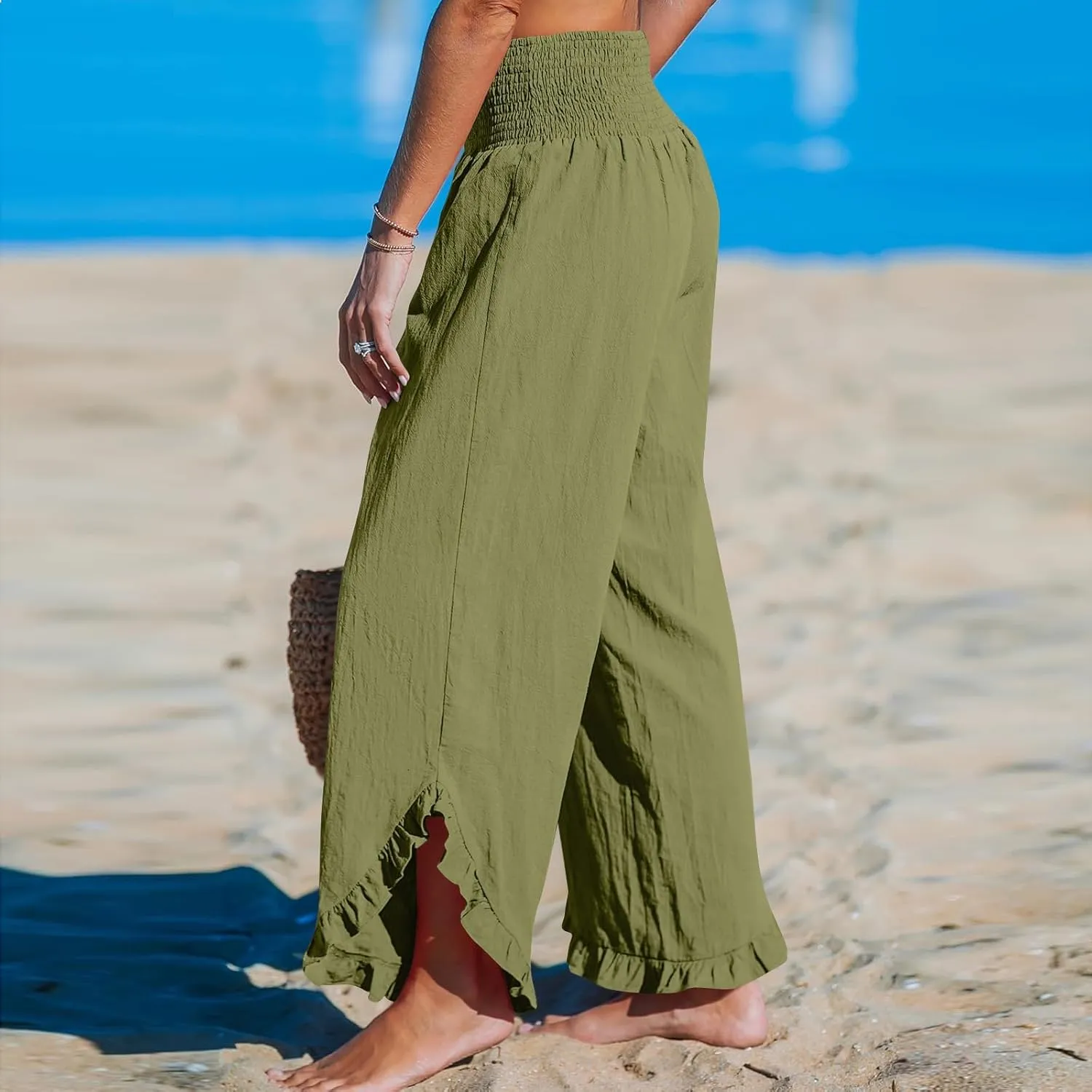 Women's Cotton Linen Pants,Summer Wide Leg Casual Elastic Drawstring High Waist Palazzo Pants with Pockets