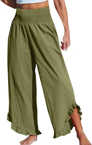 Women's Cotton Linen Pants,Summer Wide Leg Casual Elastic Drawstring High Waist Palazzo Pants with Pockets