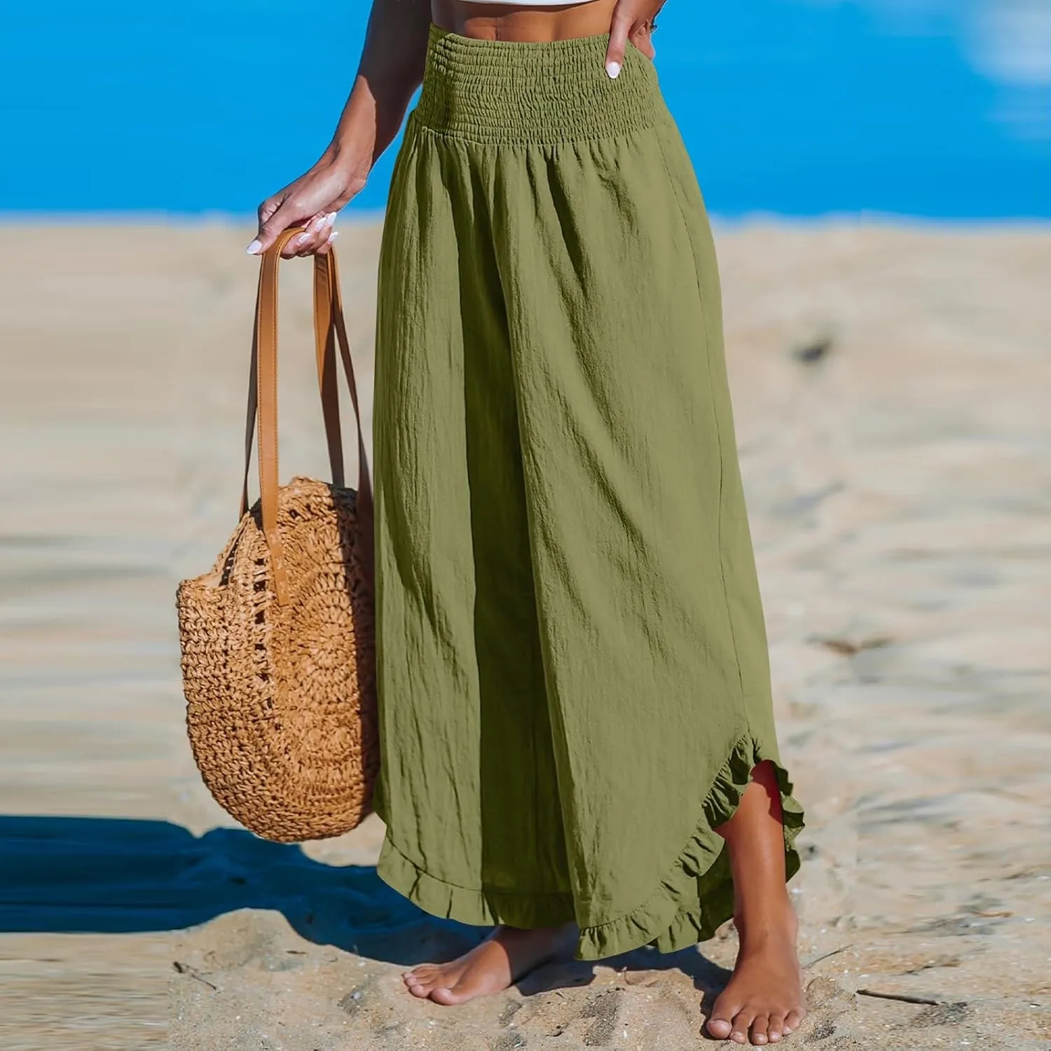 Women's Cotton Linen Pants,Summer Wide Leg Casual Elastic Drawstring High Waist Palazzo Pants with Pockets