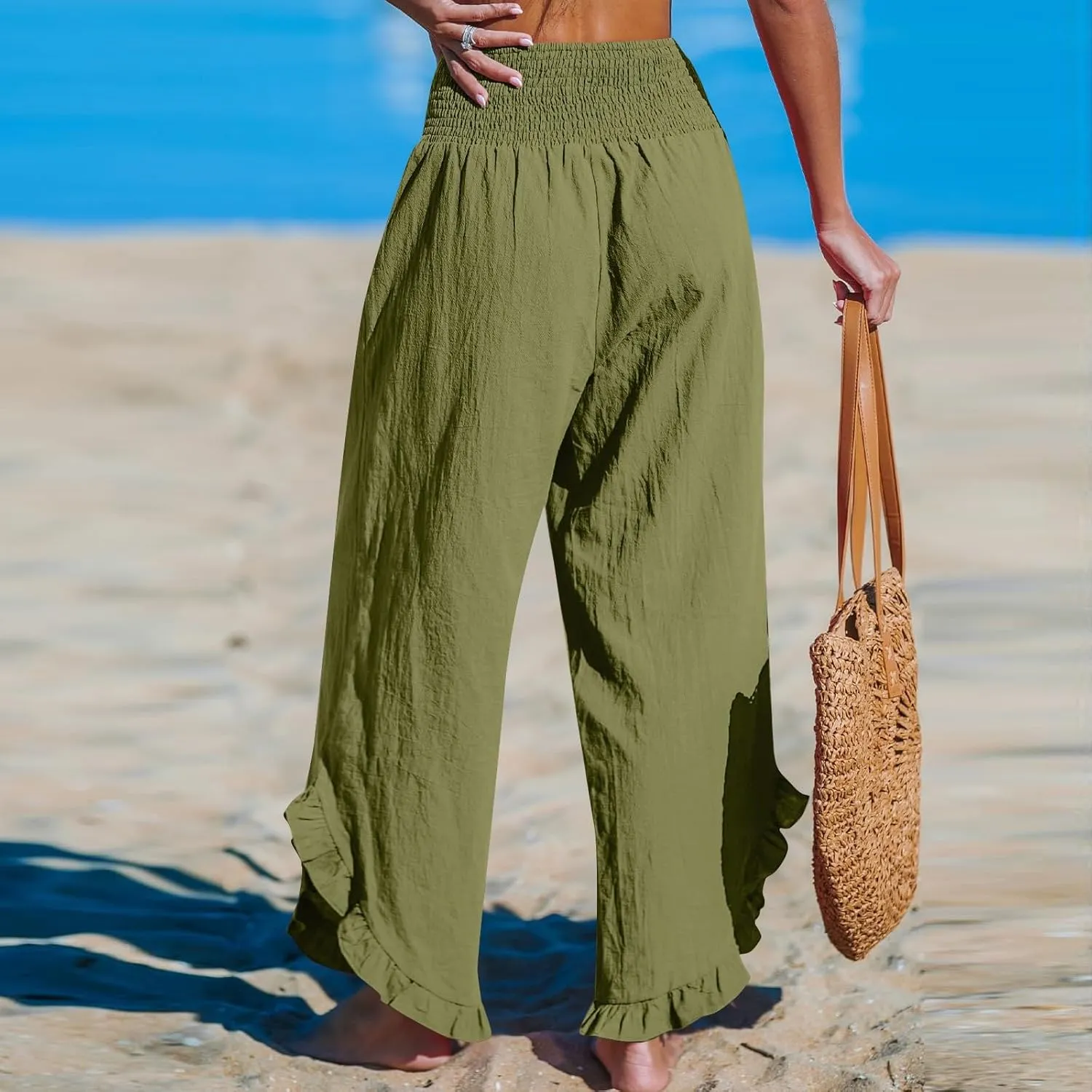Women's Cotton Linen Pants,Summer Wide Leg Casual Elastic Drawstring High Waist Palazzo Pants with Pockets