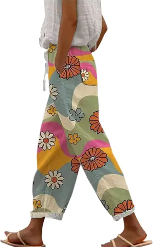 Women's Cotton Linen Summer Palazzo Pants Pants Baggy Comfort Trousers with Pocket Linen Capri Pants Women Summer