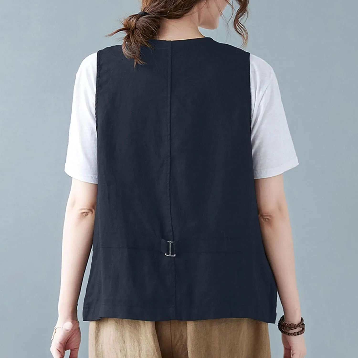 Womens Cotton Linen Vest Casual Loose V Neck Sleeveless Vests With Pockets Summer Clothing