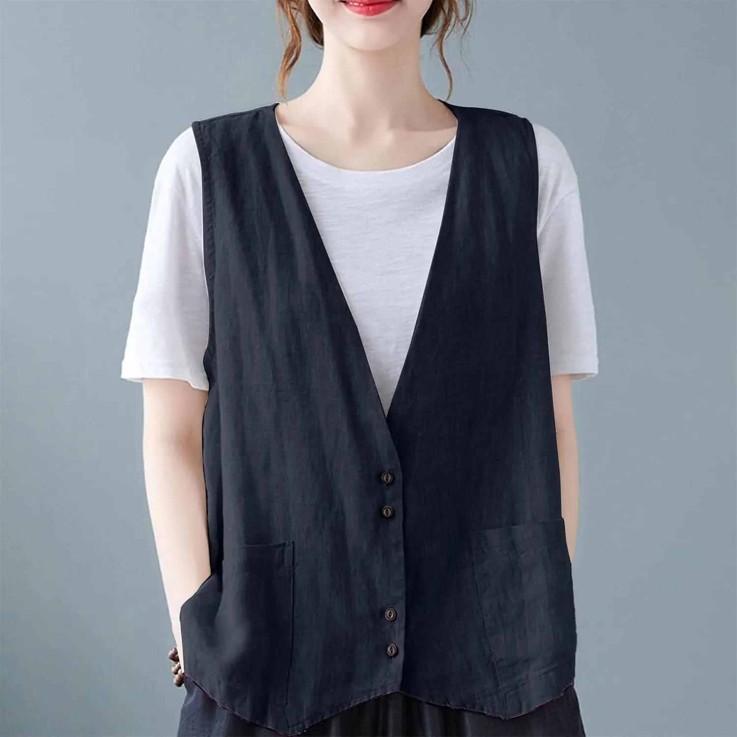 Womens Cotton Linen Vest Casual Loose V Neck Sleeveless Vests With Pockets Summer Clothing