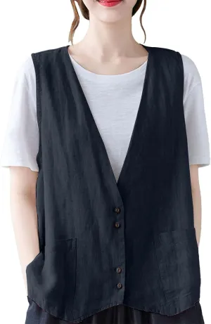 Womens Cotton Linen Vest Casual Loose V Neck Sleeveless Vests With Pockets Summer Clothing