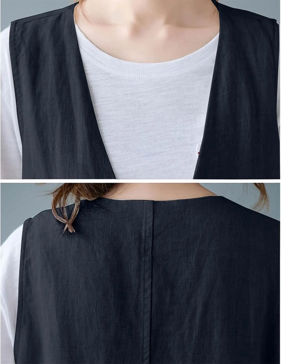 Womens Cotton Linen Vest Casual Loose V Neck Sleeveless Vests With Pockets Summer Clothing