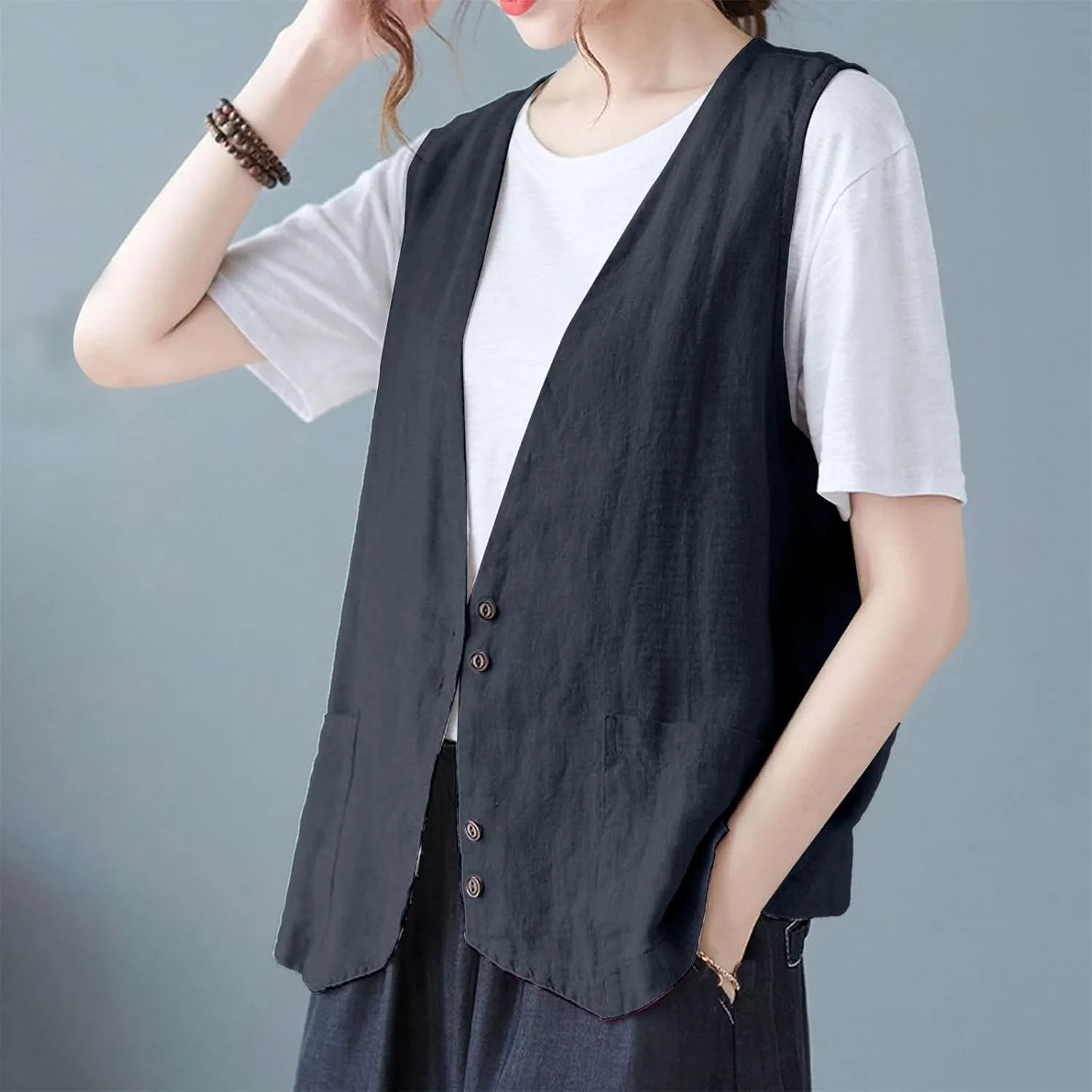 Womens Cotton Linen Vest Casual Loose V Neck Sleeveless Vests With Pockets Summer Clothing